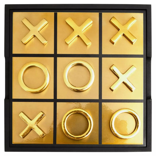 Gold tic-tac-toe board with 'X' and 'O' symbols on a white background