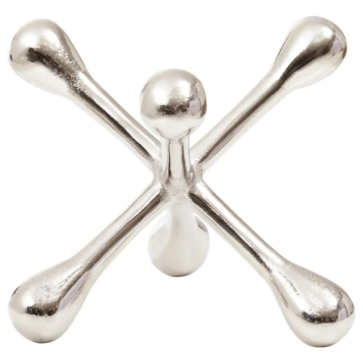 Silver metallic object with a cross-like design on a white background