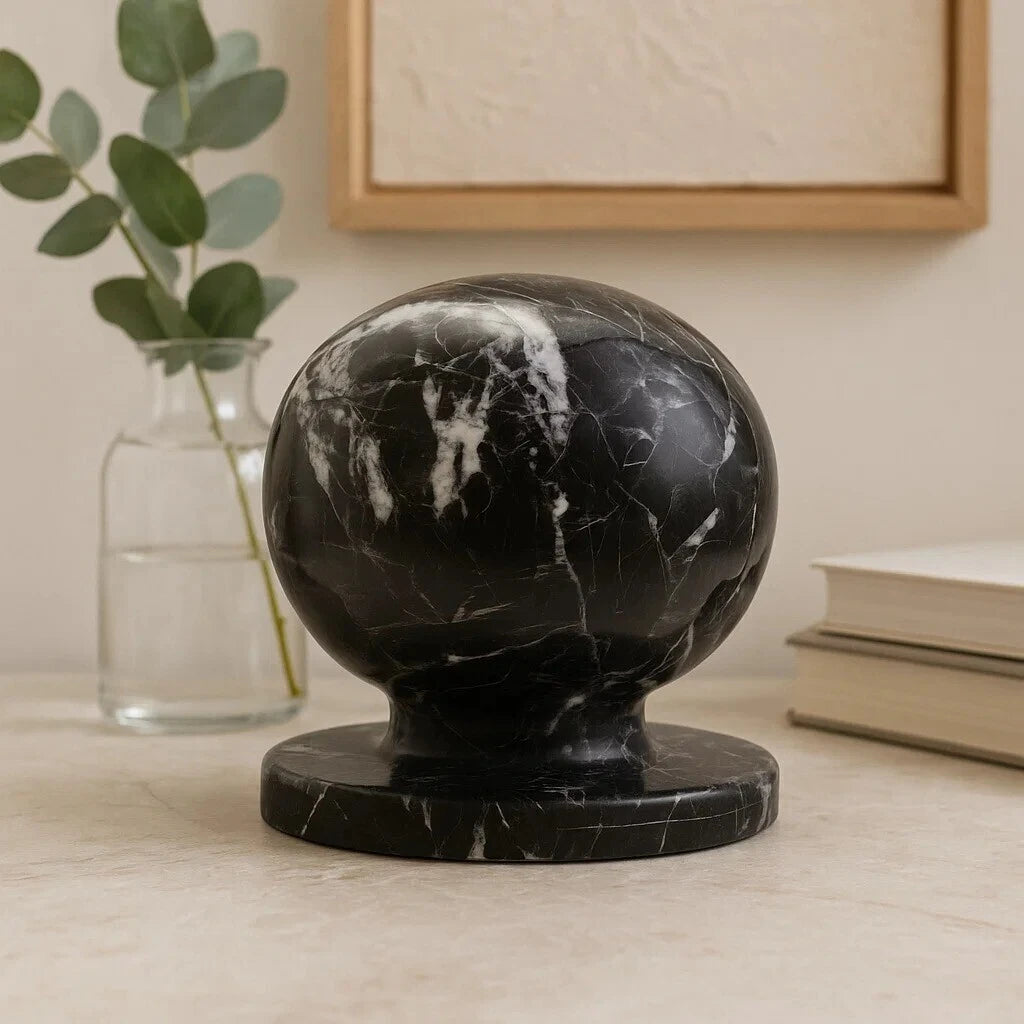 Black and White Veined Marble Ball Sculpture