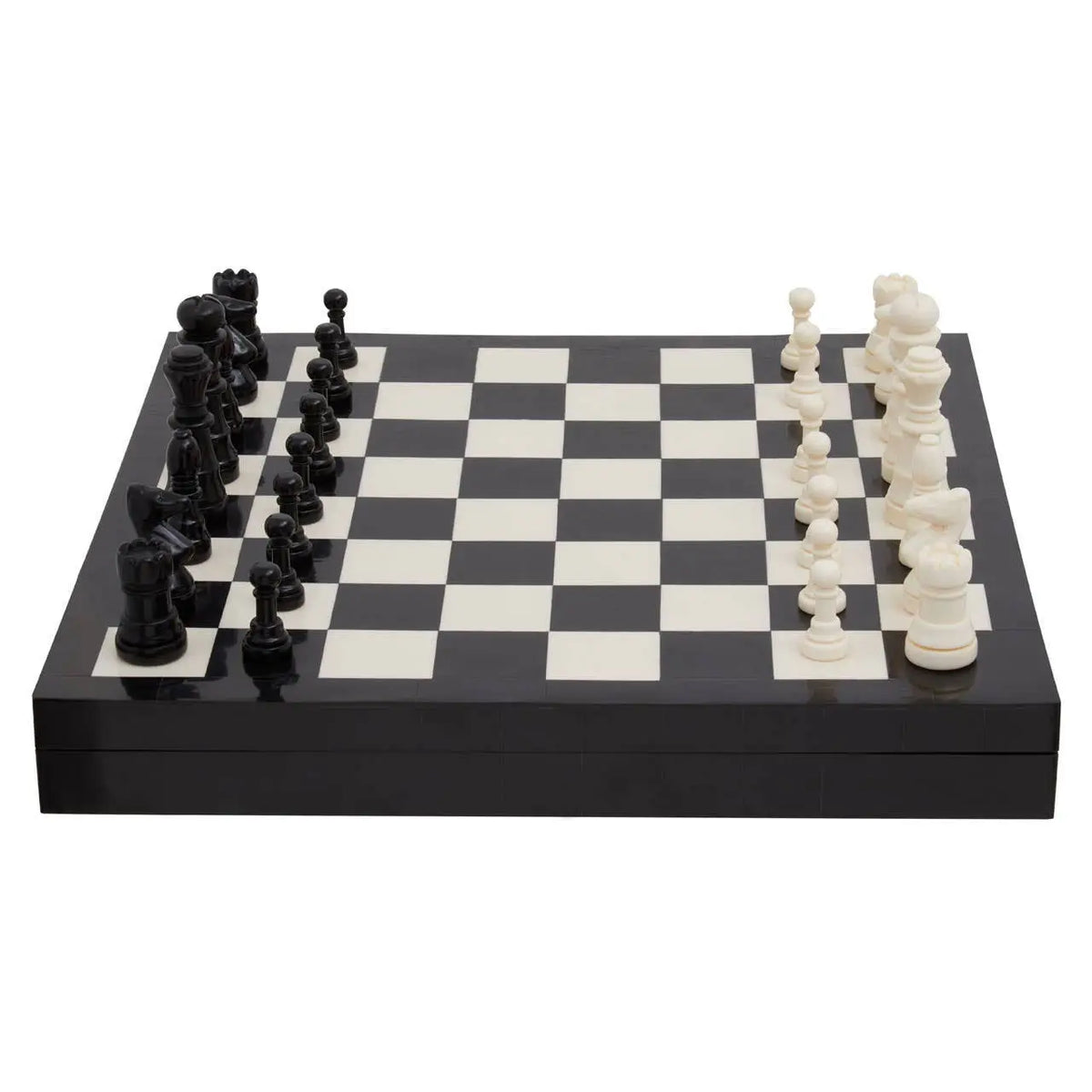 A black and white wooden chessboard with black and white chess pieces arranged on a clean white background.