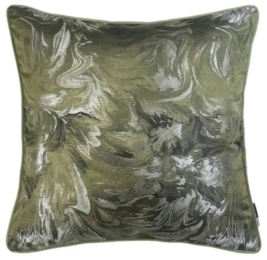 Decorative pillow with a marbled pattern in green and gray on a white background
