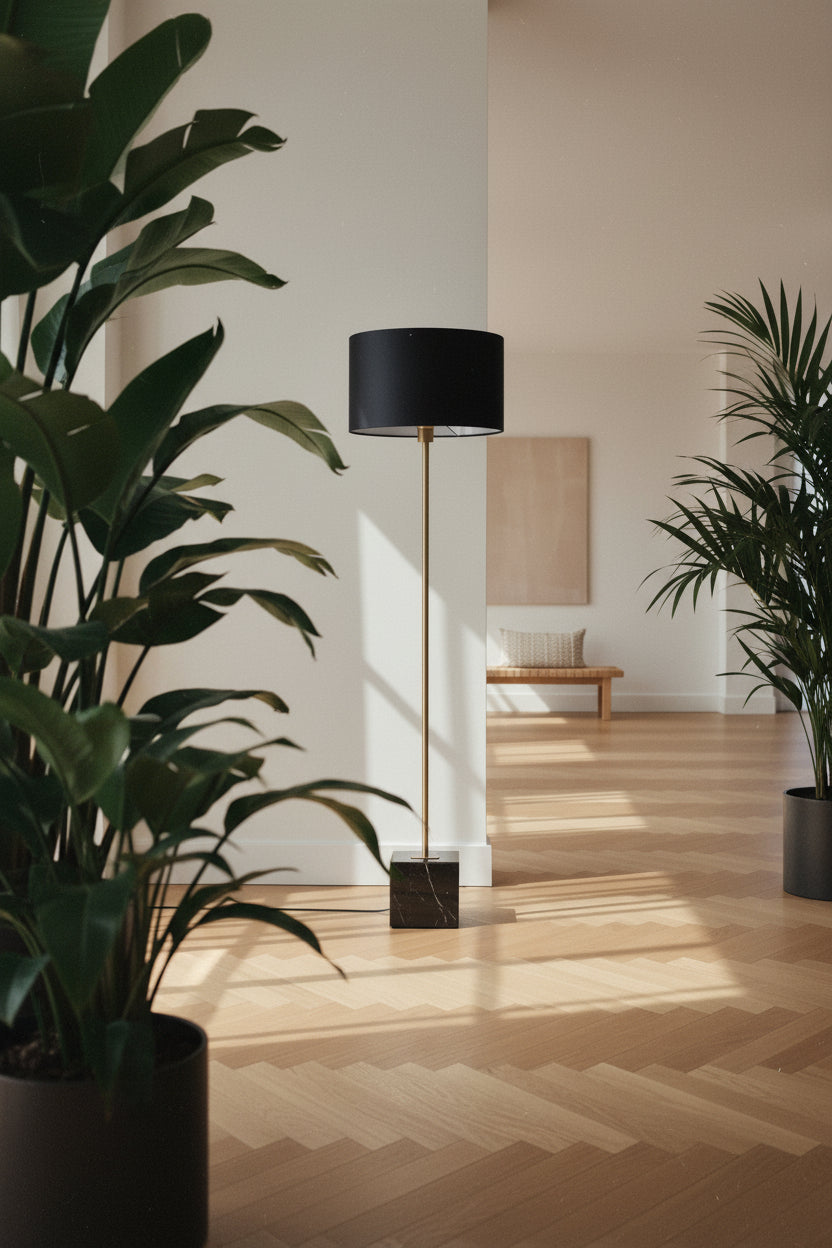 luxury floor lamp with a black shade in minimalist room.