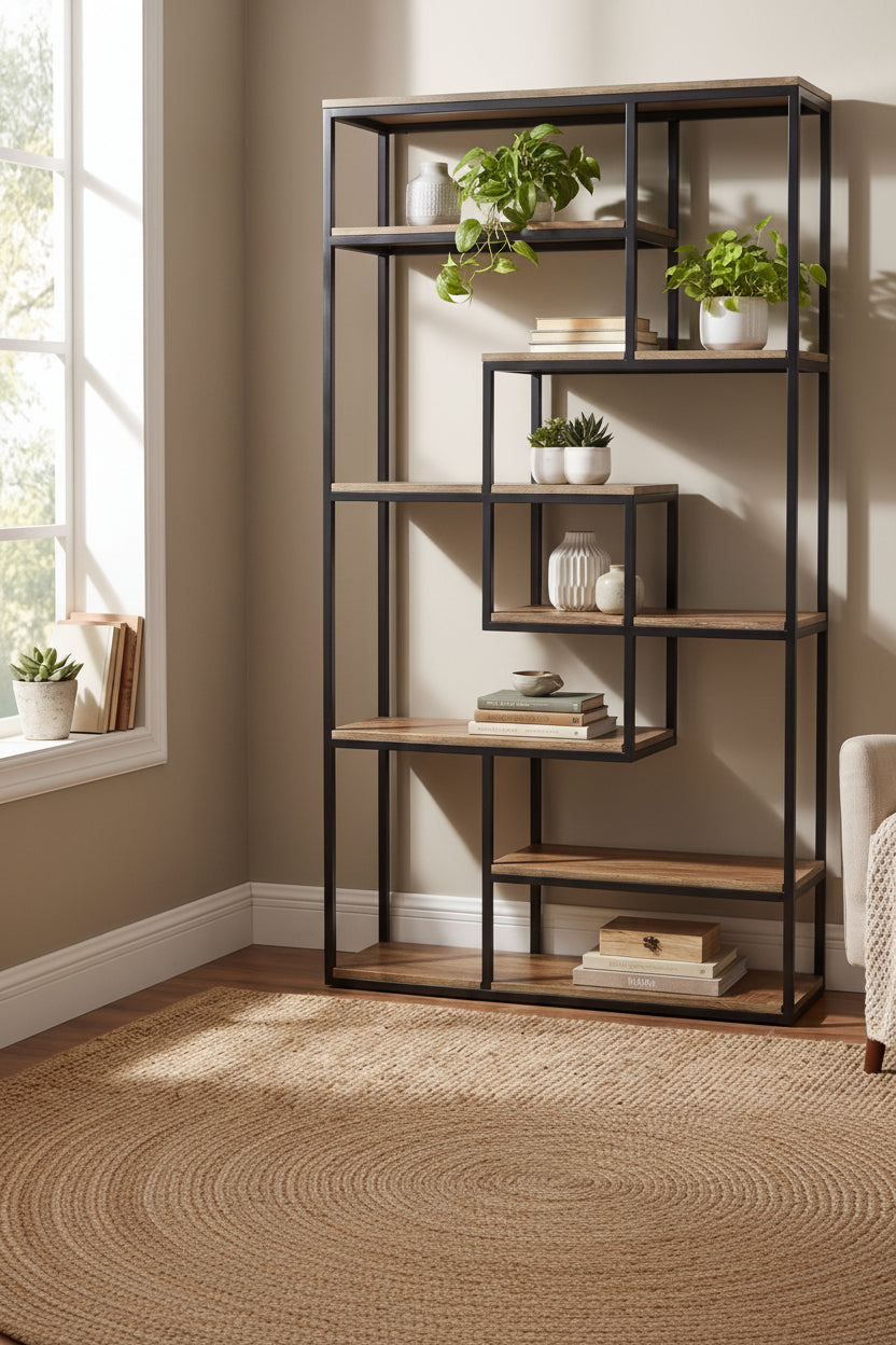 Bookshelf with decorative items in a room with a window and chair.