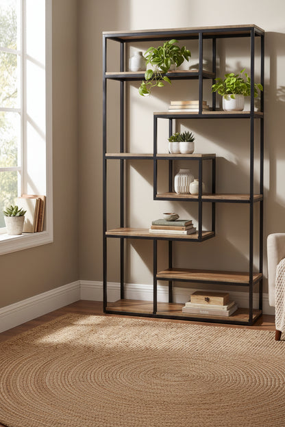 Bookshelf with decorative items in a room with a window and chair.