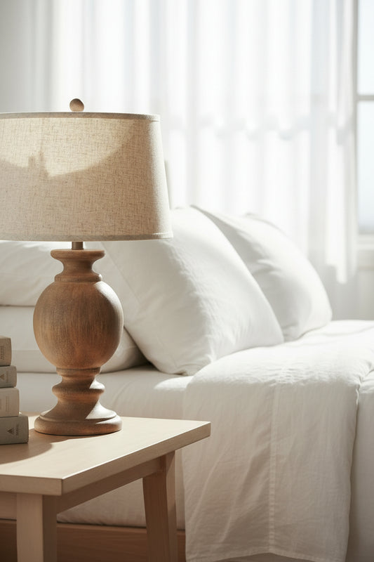 Table lamp with wooden base and white lampshade on a white background