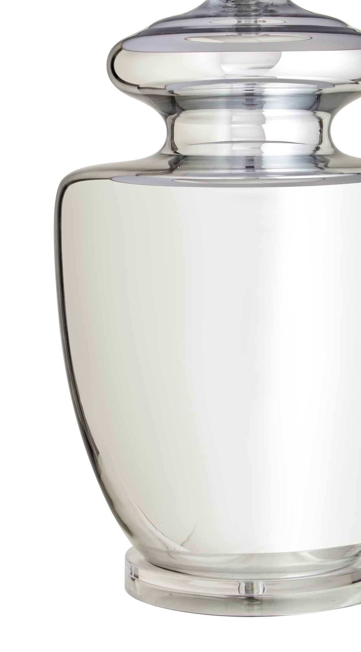 Clear glass vase with silver base and top on a white background