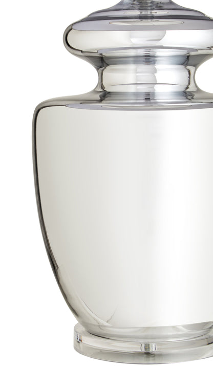 Clear glass vase with silver base and top on a white background