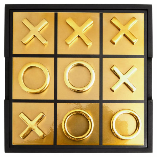 Gold tic-tac-toe board with 'X' and 'O' symbols on a white background