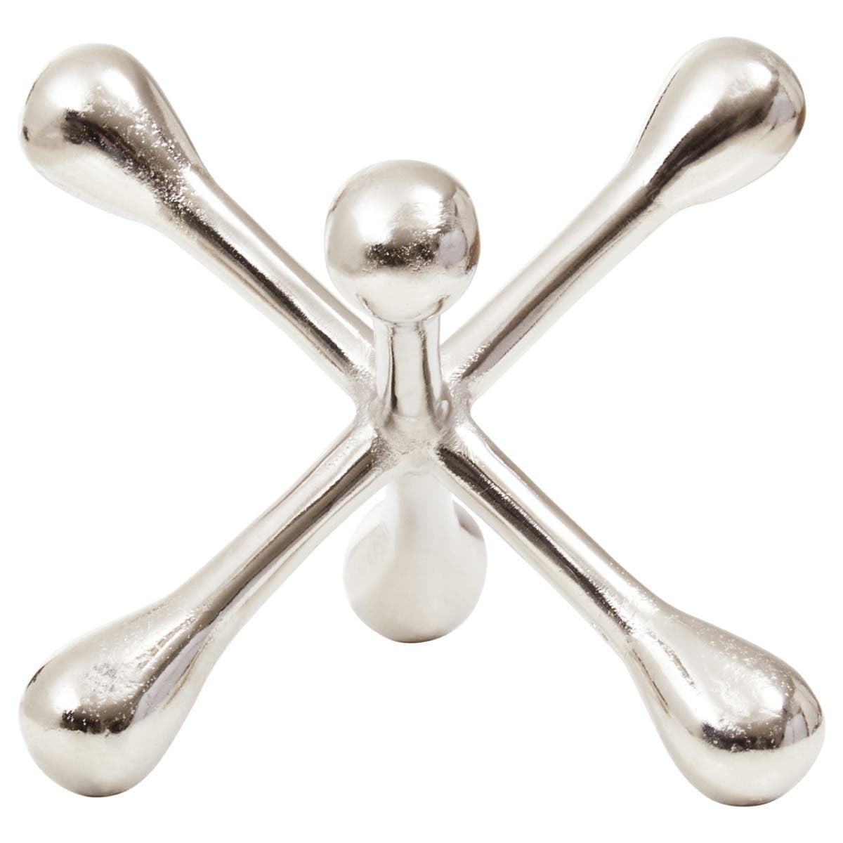 Silver metallic object with a cross-like design on a white background