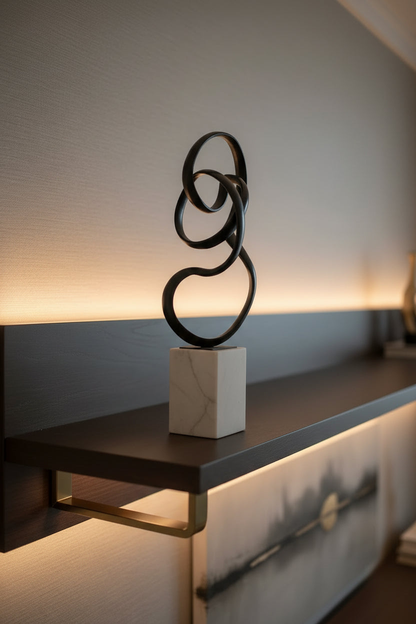 Black abstract sculpture on a white pedestal against a white background