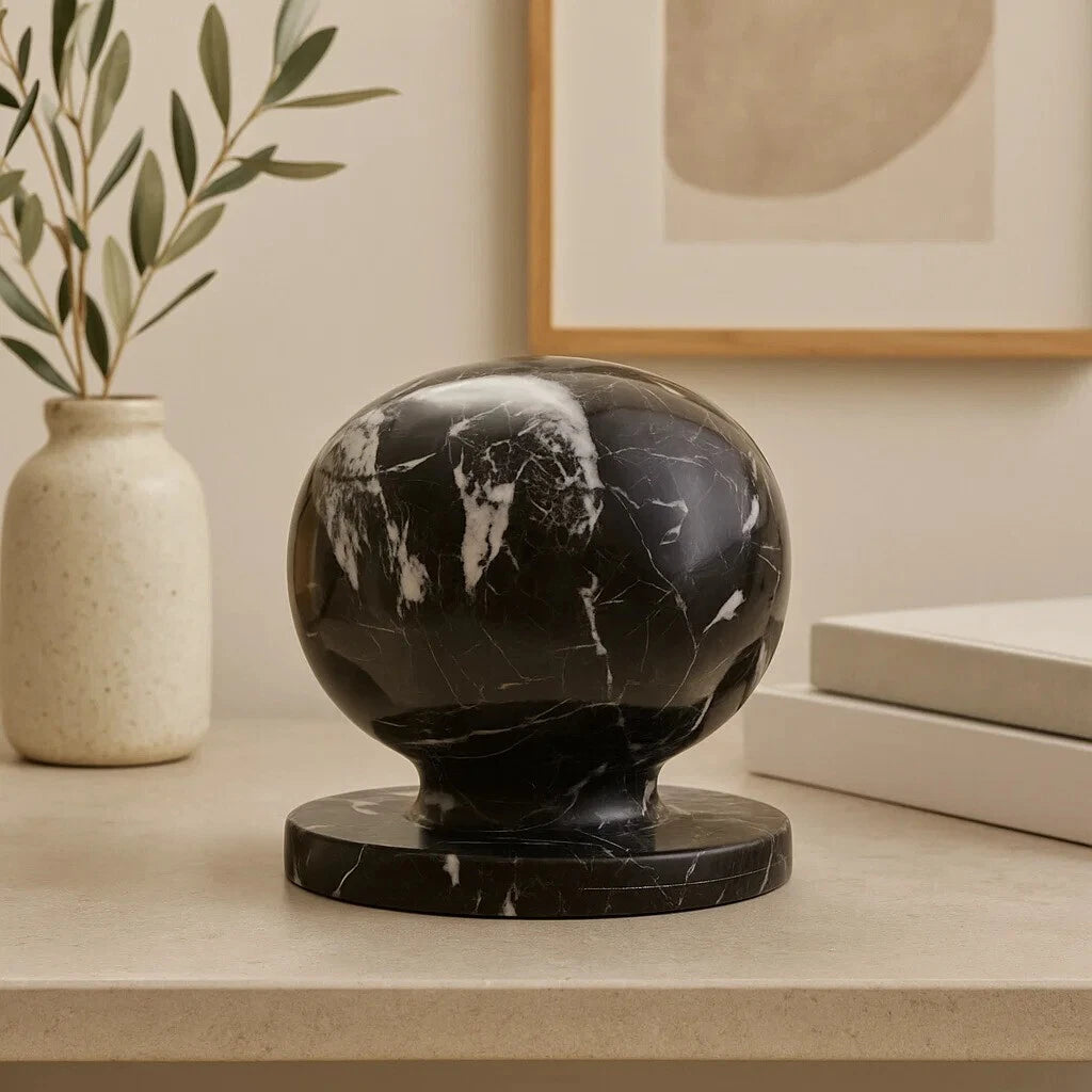 Black and White Veined Marble Ball Sculpture