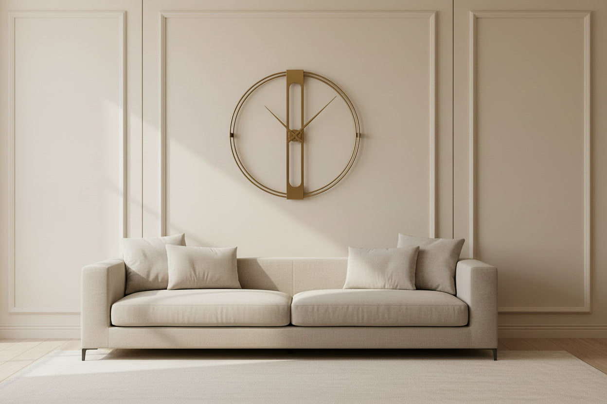 Gold wall clock with a minimalist design on a white background