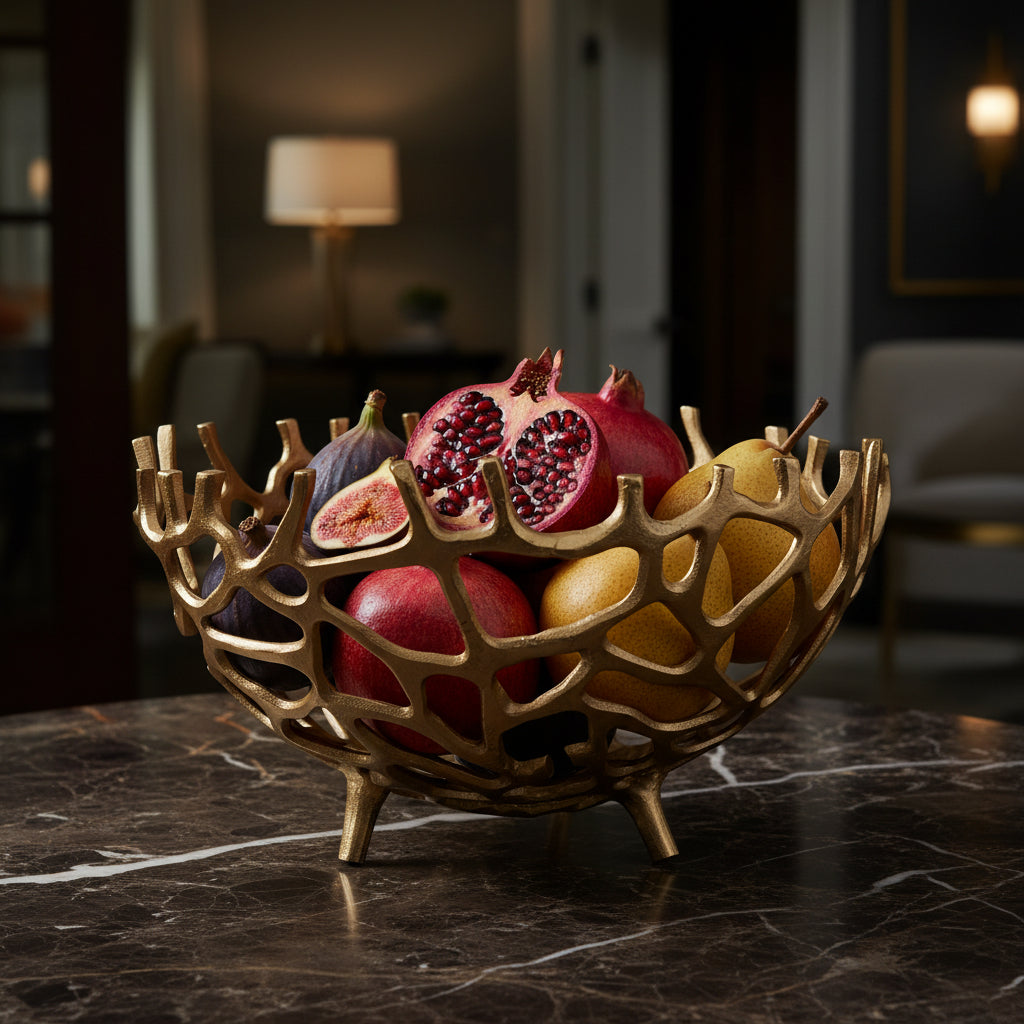 Decorative gold bowl with a intricate lattice design on a white background