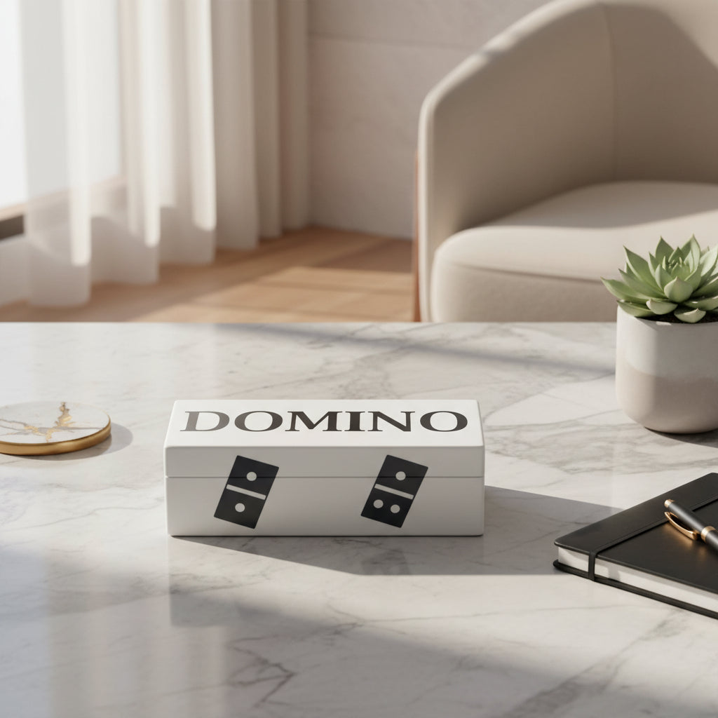 Box of dominoes with 'DOMINO' text on a white background