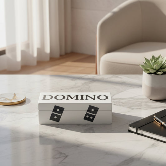 Box of dominoes with 'DOMINO' text on a white background