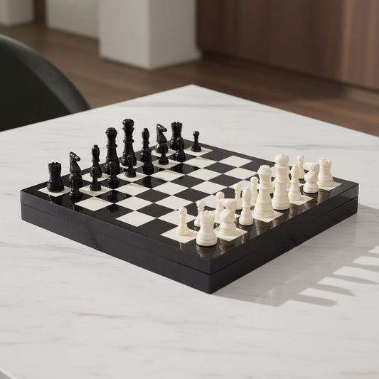 Chessboard with black and white pieces on a white background