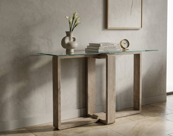 Barton Glass Console Table with Wood Effect Legs