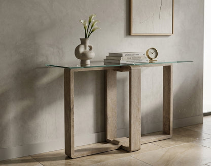 Barton Glass Console Table with Wood Effect Legs