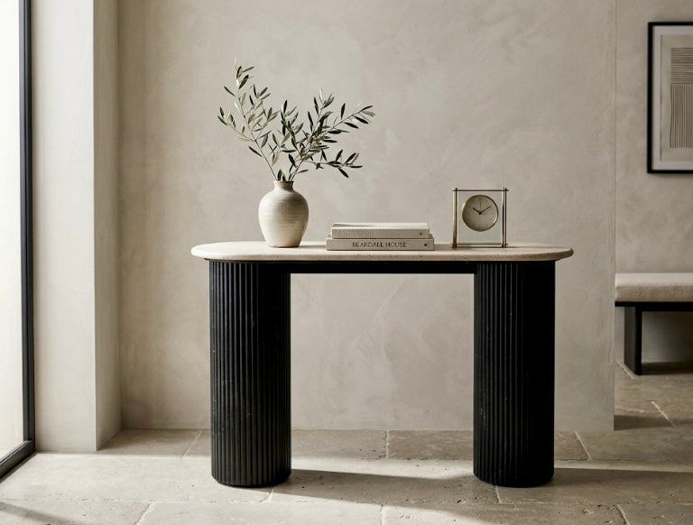 Walton Travertine Top Console Table with Black Acacia Wood Legs