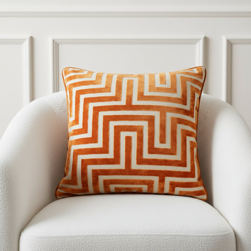 A square decorative throw pillow featuring a bold geometric maze-like pattern in rust orange and cream velvet fabric, shown against a plain white background.
