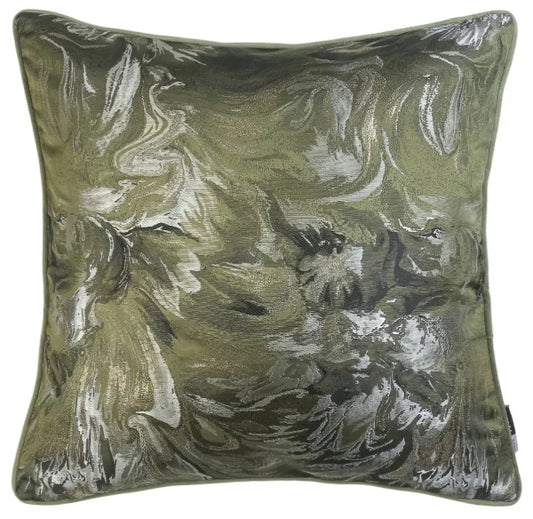 Decorative pillow with a marbled pattern in green and gray on a white background