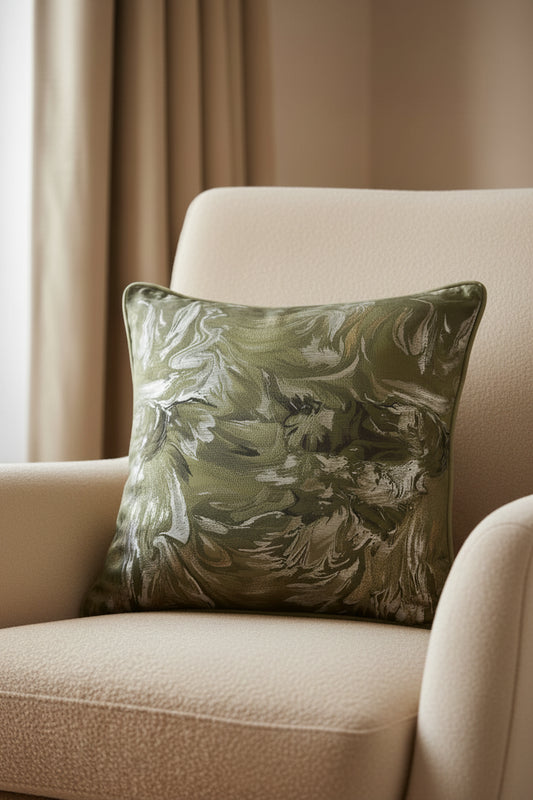 Decorative pillow with a marbled pattern in green and gray on a white background