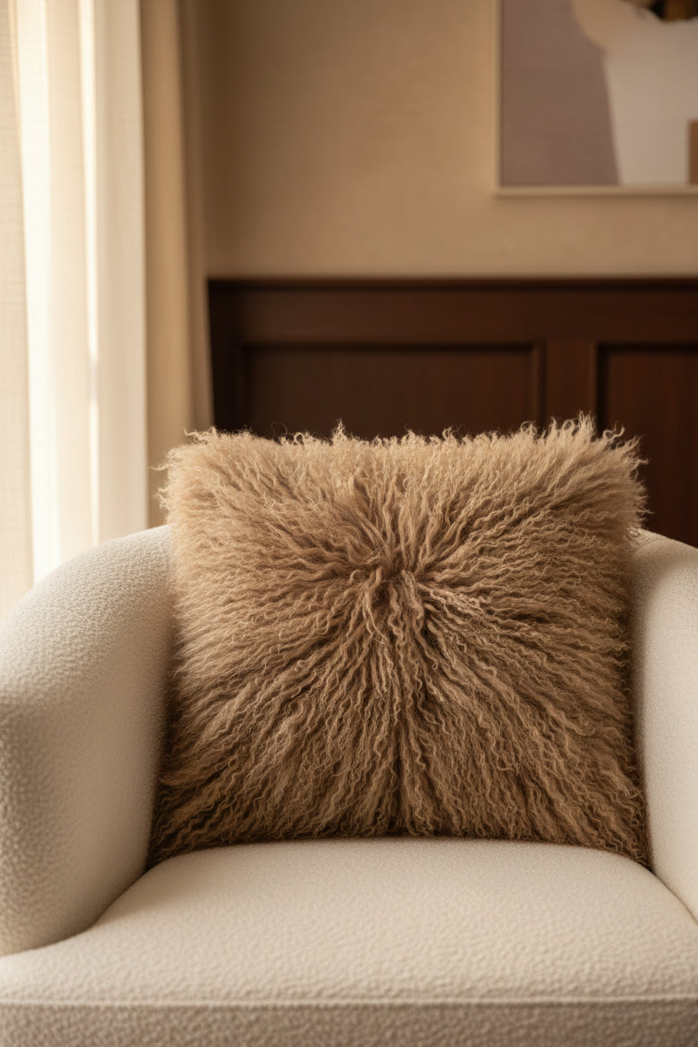 Brown fluffy pillow on a white background