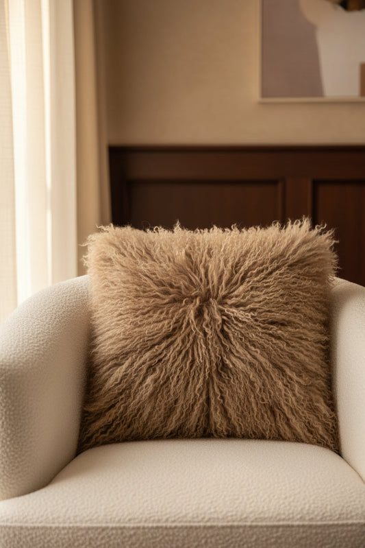 Brown fluffy pillow on a white background