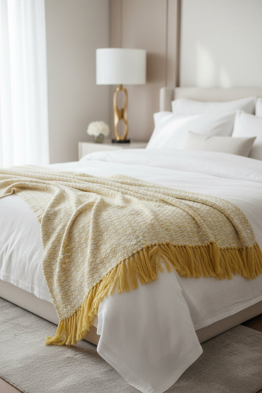 A folded woven throw blanket in yellow and white with a repeating geometric diamond pattern and a matching yellow fringe tassel border at the bottom.