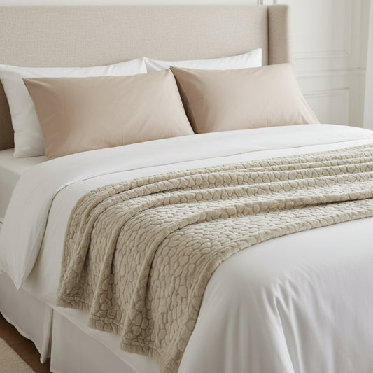 Folded beige textured blanket on a white background