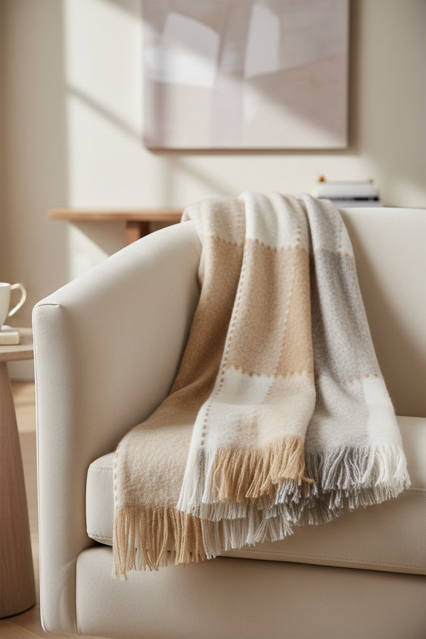 Folded beige and white blanket with frayed edges on a white background
