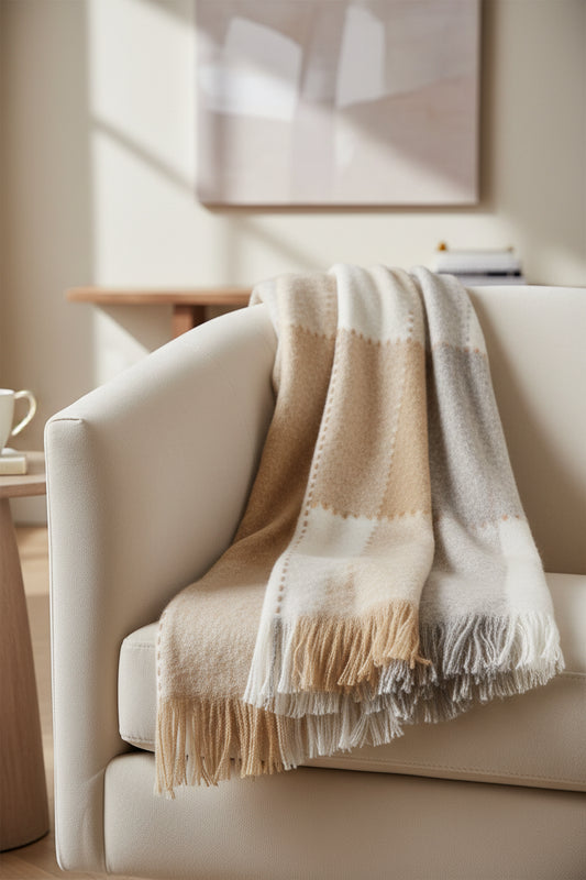 Folded beige and white blanket with frayed edges on a white background