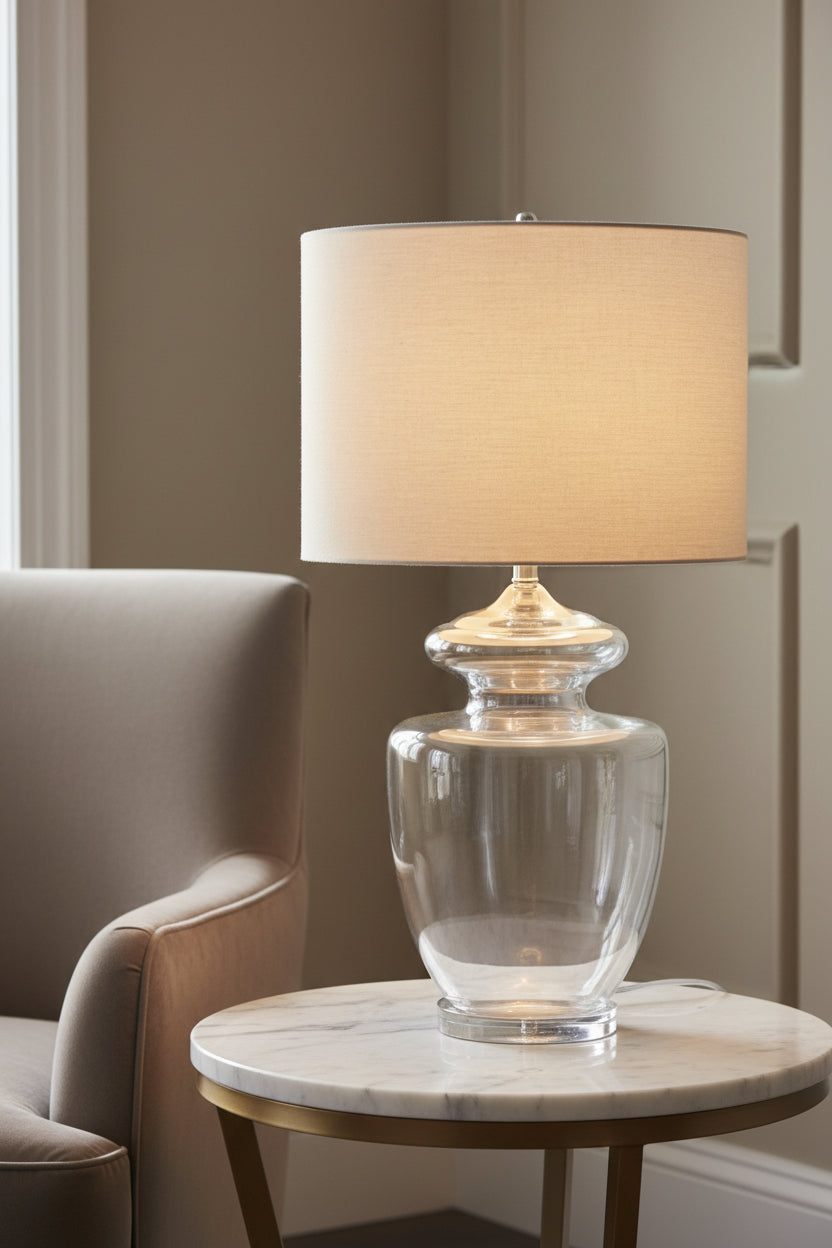 Clear glass table lamp with a beige lampshade on a neutral background