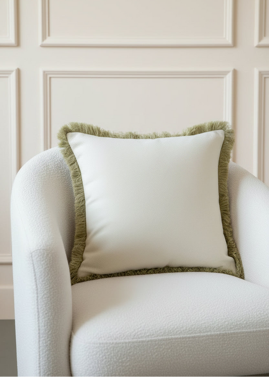 White pillow with beige fringed trim on a white background